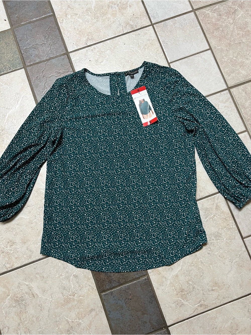 Adrianna Papell Dark Emerald Green Printed Blouse with Puff Sleeves